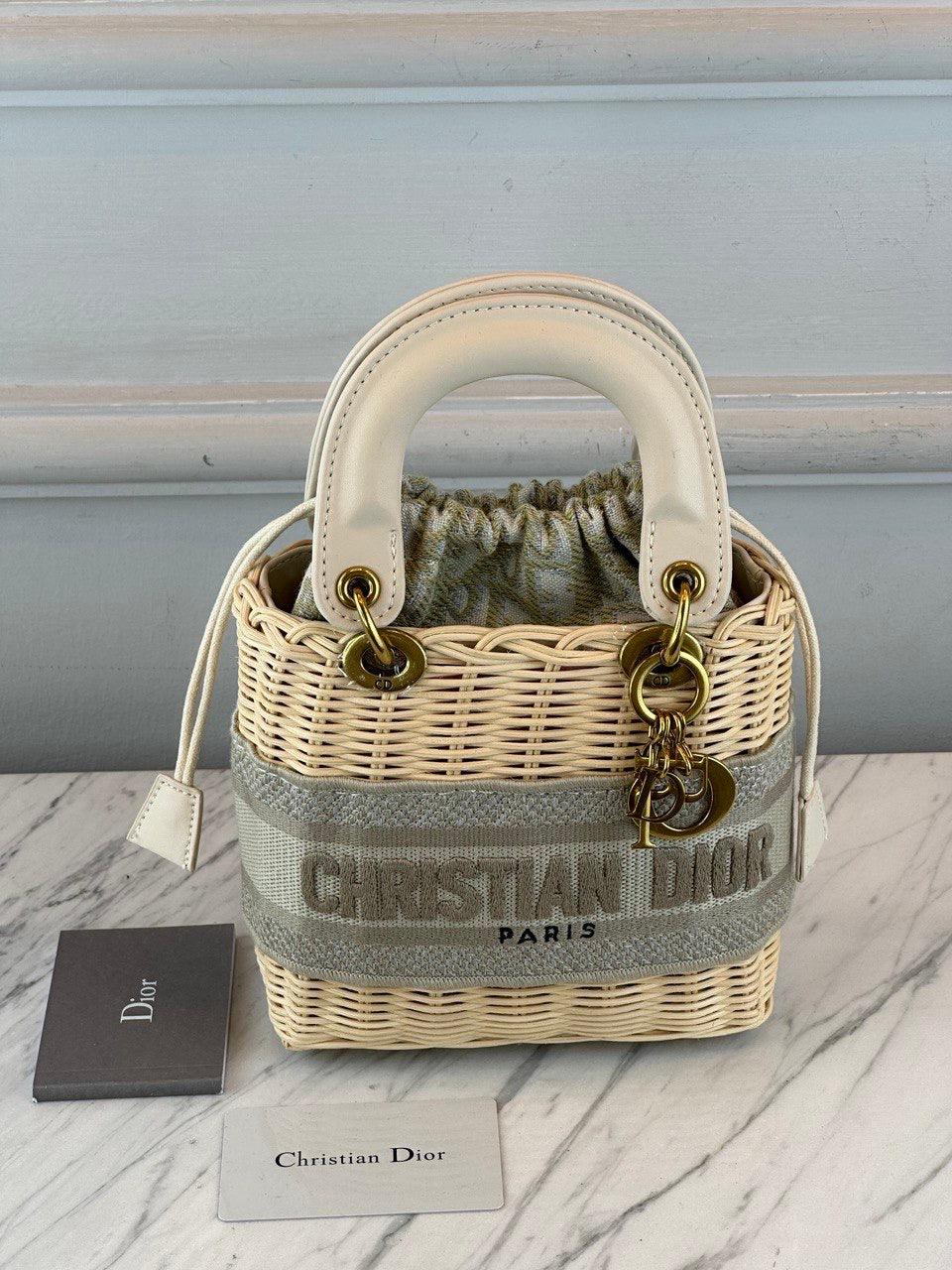 Christian Dior Mini Bayan Dior Çanta Doğal Hasır ve Bej Dior Eğik Jakar