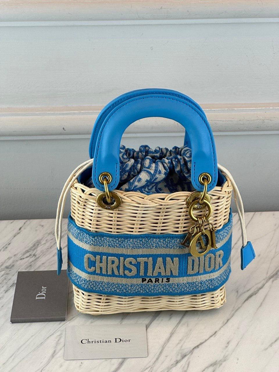 Christian Dior Mini Çanta Doğal Hasır ve Siyah Eğik Jakar