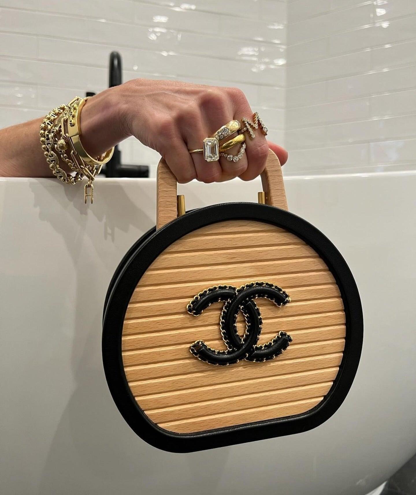 Chanel Round Beech Wood and Black Lambskin CC Vanity Case Bag - Glimmer of Luxury