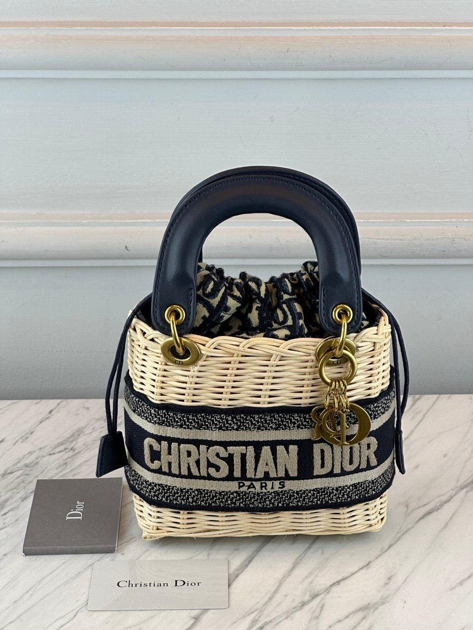 Christian Dior Mini Bayan Dior Çanta Doğal Hasır ve Bulut Mavisi Dior Eğik Jakar