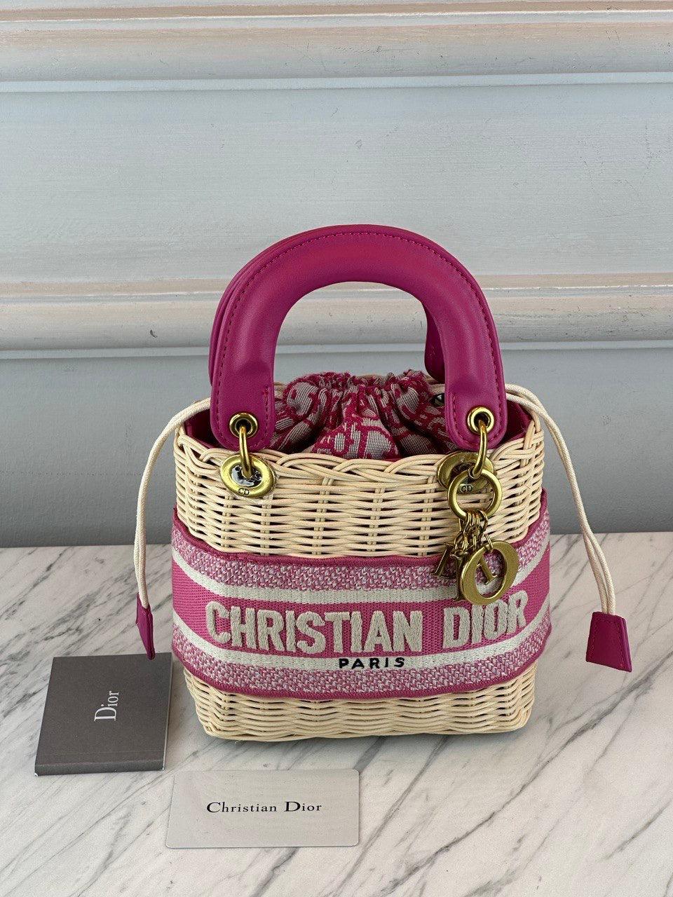 Christian Dior Mini Bayan Dior Çanta Doğal Hasır ve Bej Dior Eğik Jakar