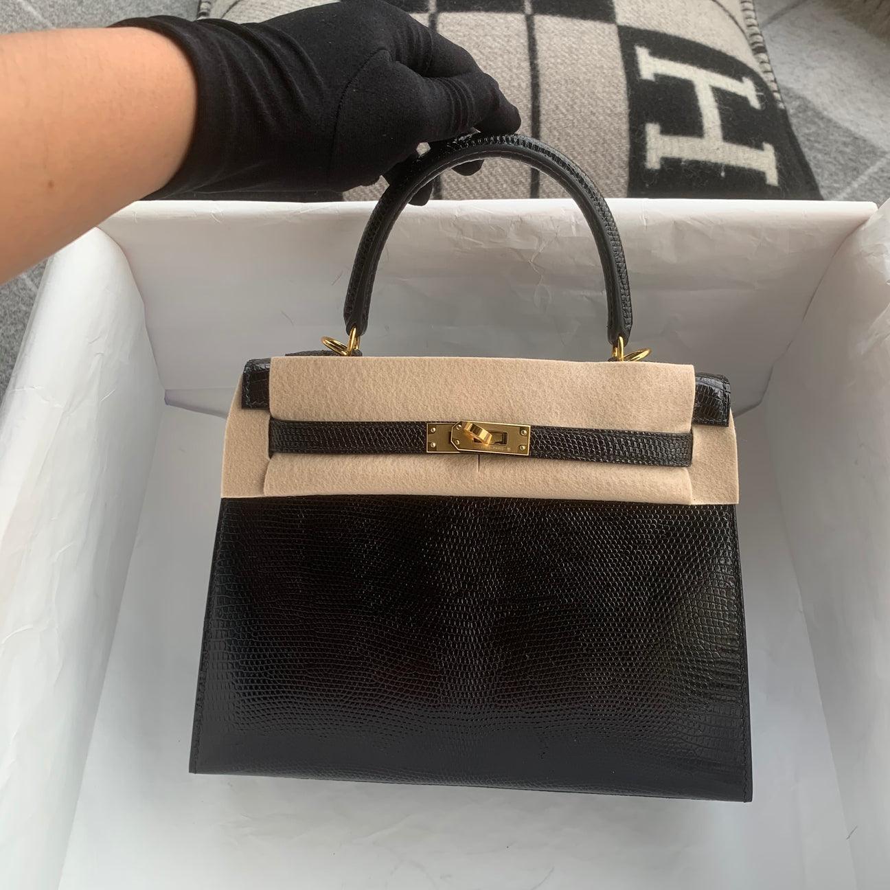 Hermès Kelly 25 Siyah Altın Donanımlı Lizard Deri Ombre (GHW) - Glimmer of Luxury