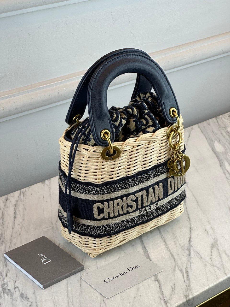 Christian Dior Mini Çanta Doğal Hasır ve Siyah Eğik Jakar