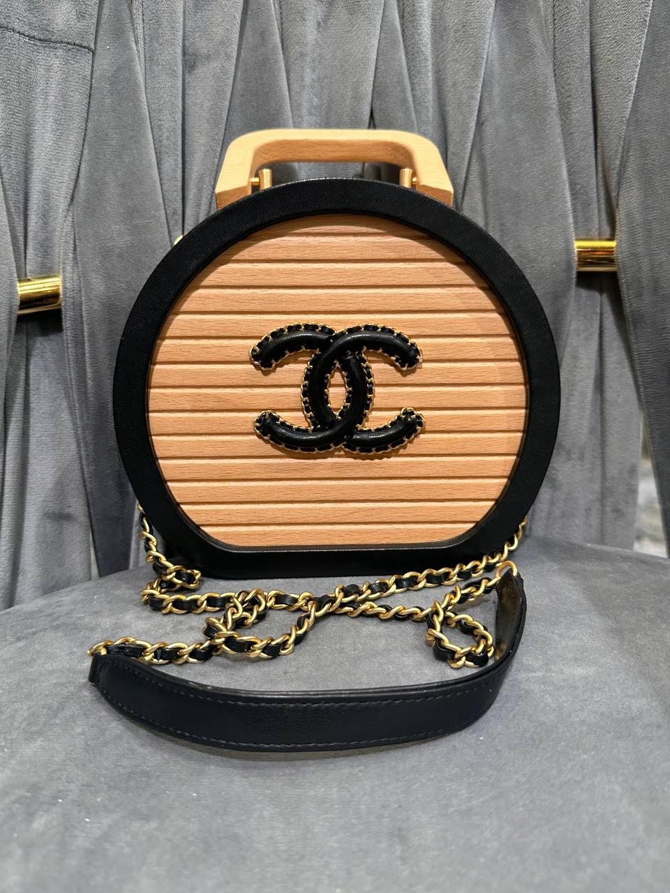 Chanel Round Beech Wood and Black Lambskin CC Vanity Case Bag - Glimmer of Luxury