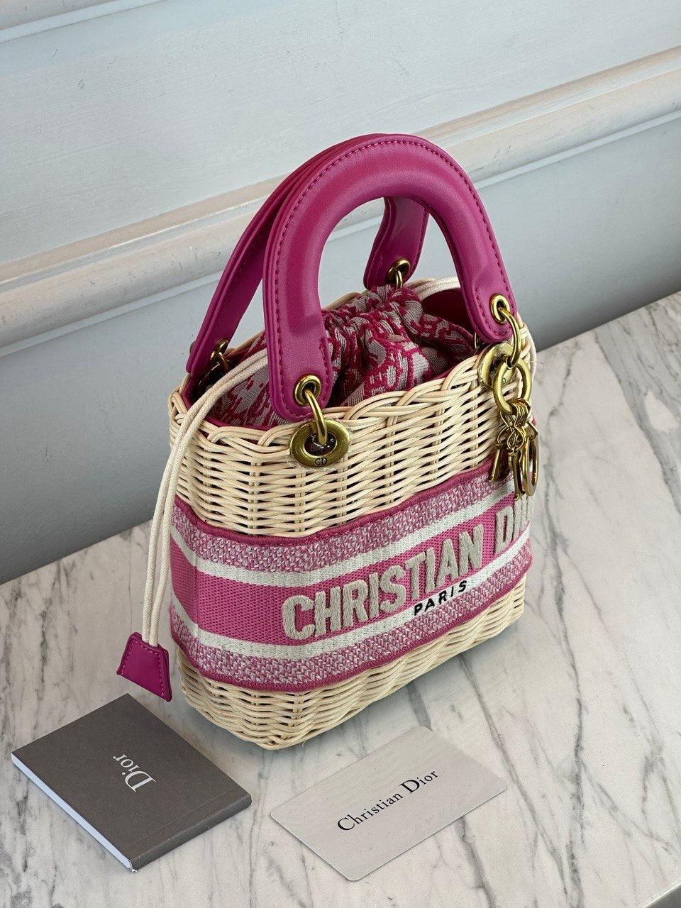 Christian Dior Mini Bayan Dior Çanta Doğal Hasır ve Pembe Tuval Dior Eğik Jakar