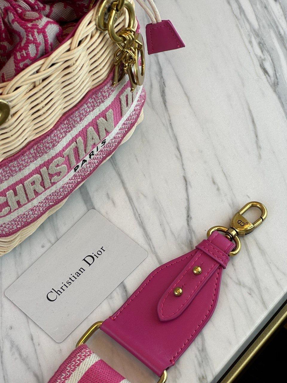 Christian Dior Mini Bayan Dior Çanta Doğal Hasır ve Pembe Tuval Dior Eğik Jakar