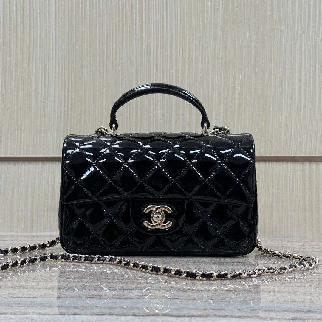 Chanel 24k Mini Saplı Rugan Siyah