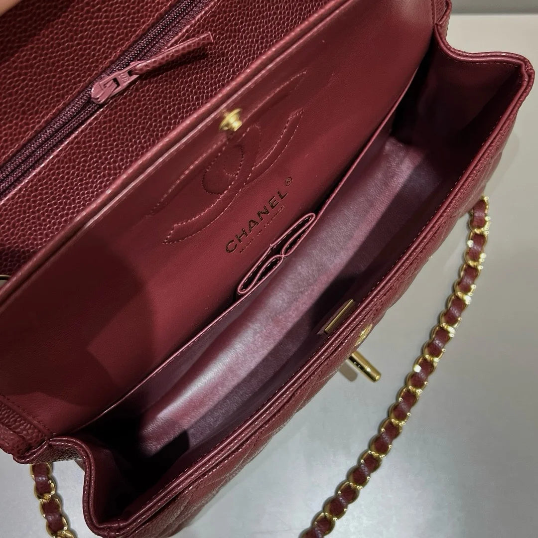 Chanel Flap Orta Boy Çanta Havyar Deri 2024 Bordo