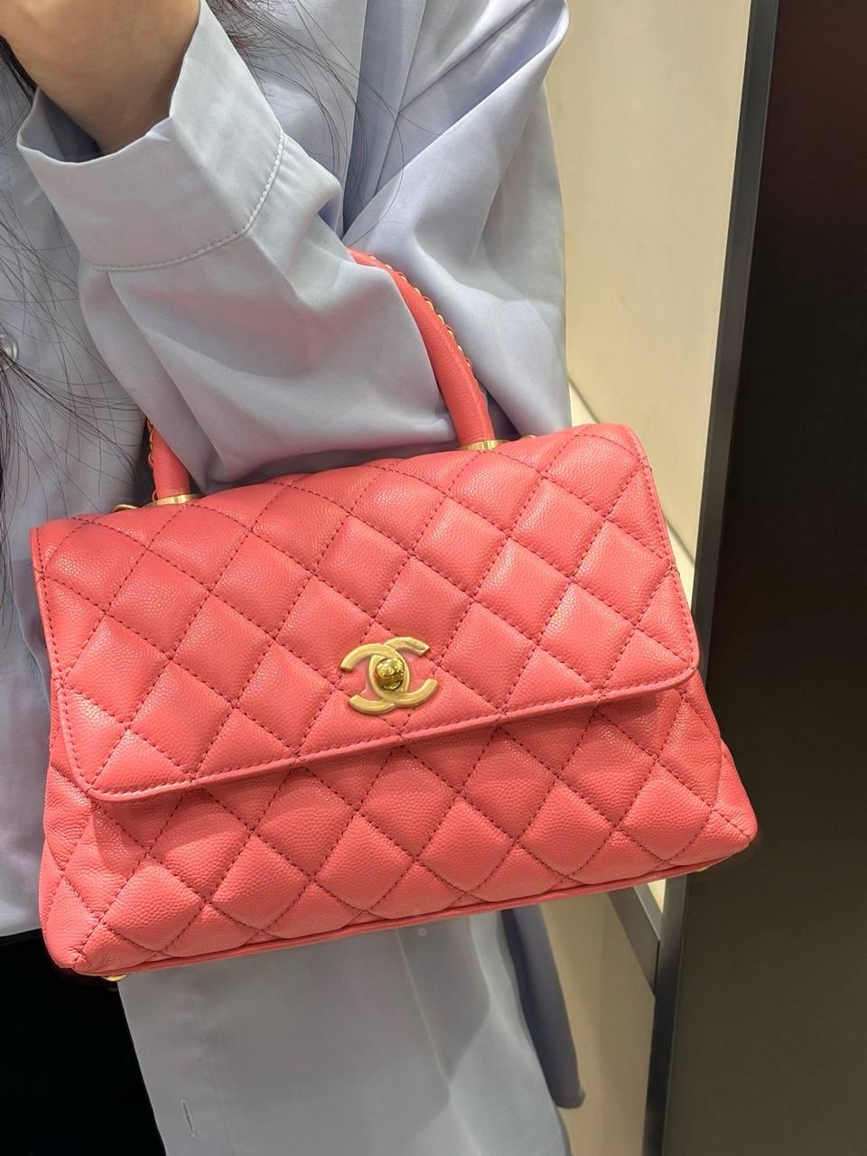 Chanel Küçük 24cm Coco Saplı Kapak Pembe Havyar Deri Çanta