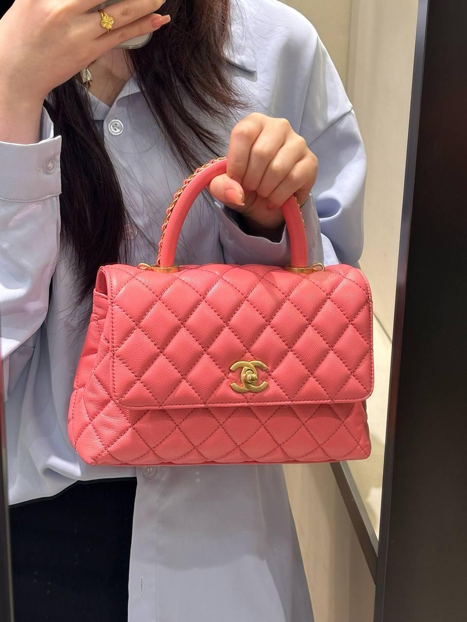 Chanel Küçük 24cm Coco Saplı Kapak Pembe Havyar Deri Çanta