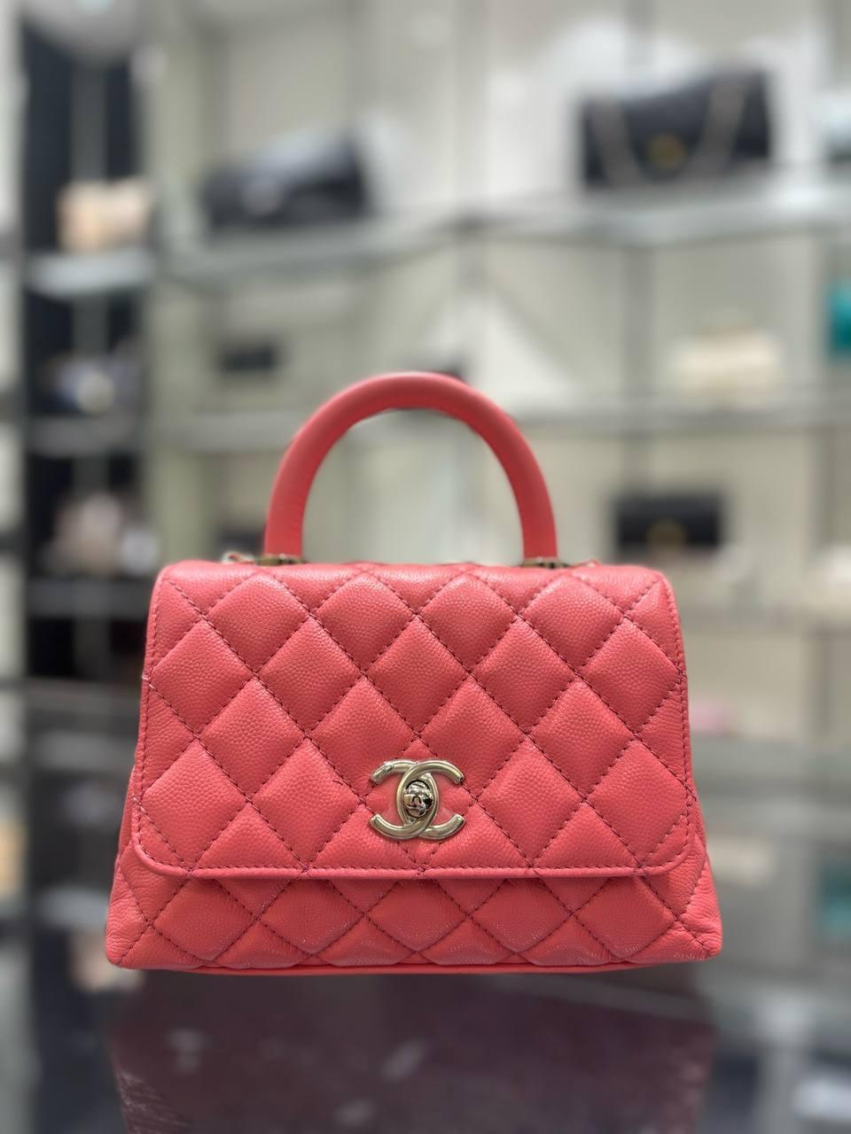 Chanel Küçük 24cm Coco Saplı Kapak Pembe Havyar Deri Çanta