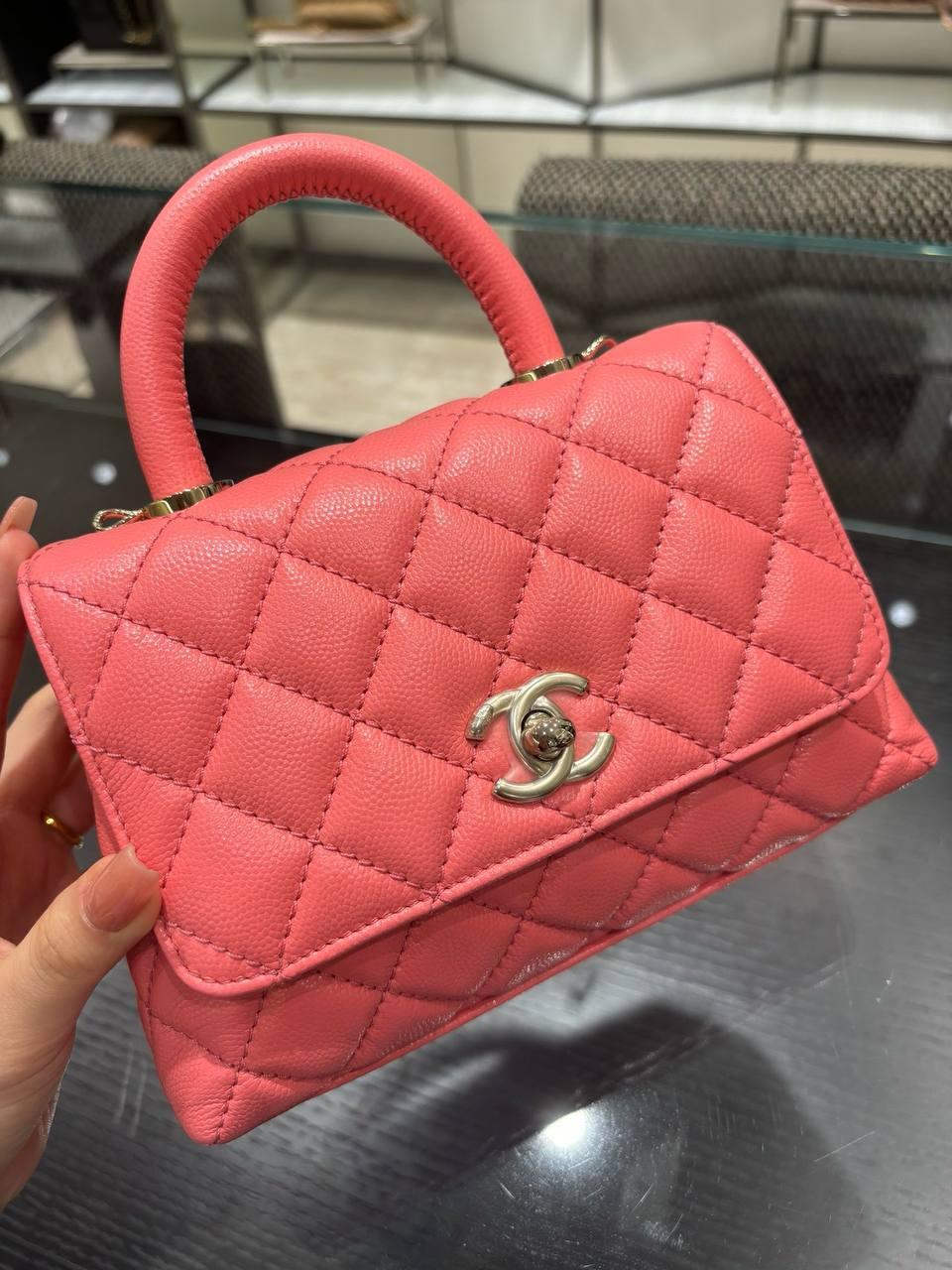 Chanel Küçük 24cm Coco Saplı Kapak Pembe Havyar Deri Çanta