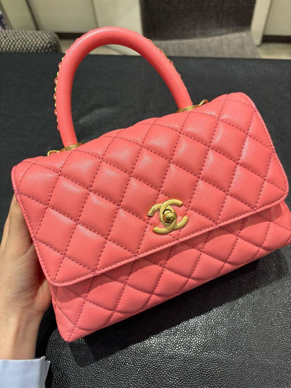 Chanel Küçük 24cm Coco Saplı Kapak Pembe Havyar Deri Çanta