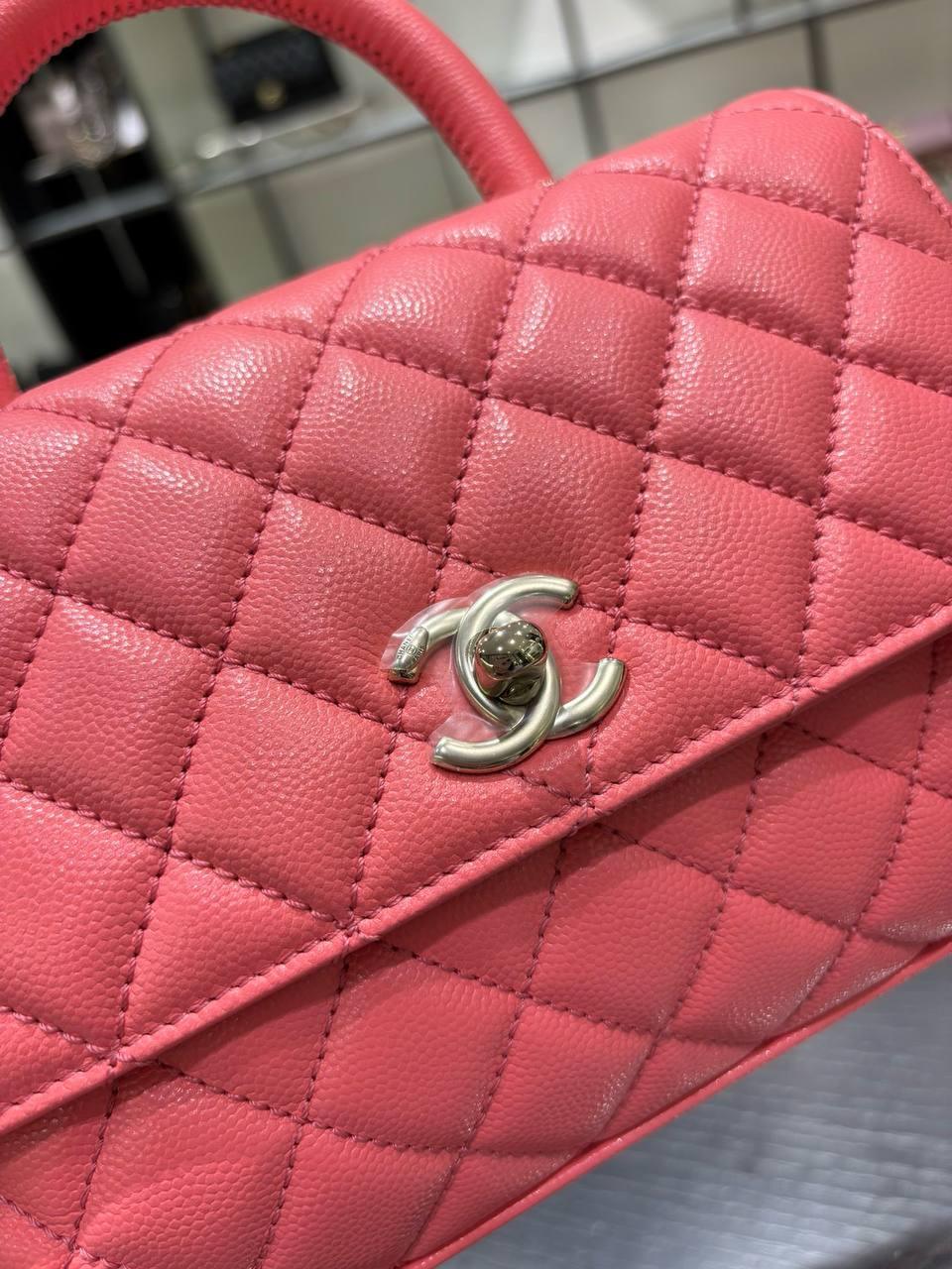 Chanel Küçük 24cm Coco Saplı Kapak Pembe Havyar Deri Çanta