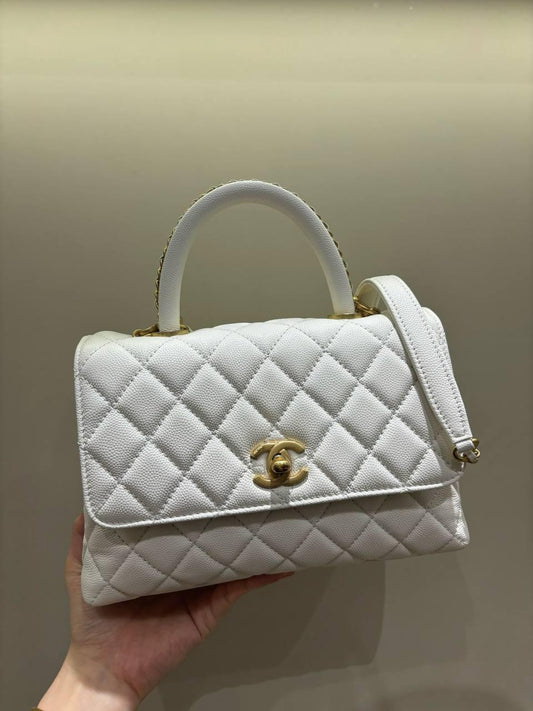 Chanel Küçük 24cm Coco Saplı Kapak Beyaz Havyar Deri Çanta