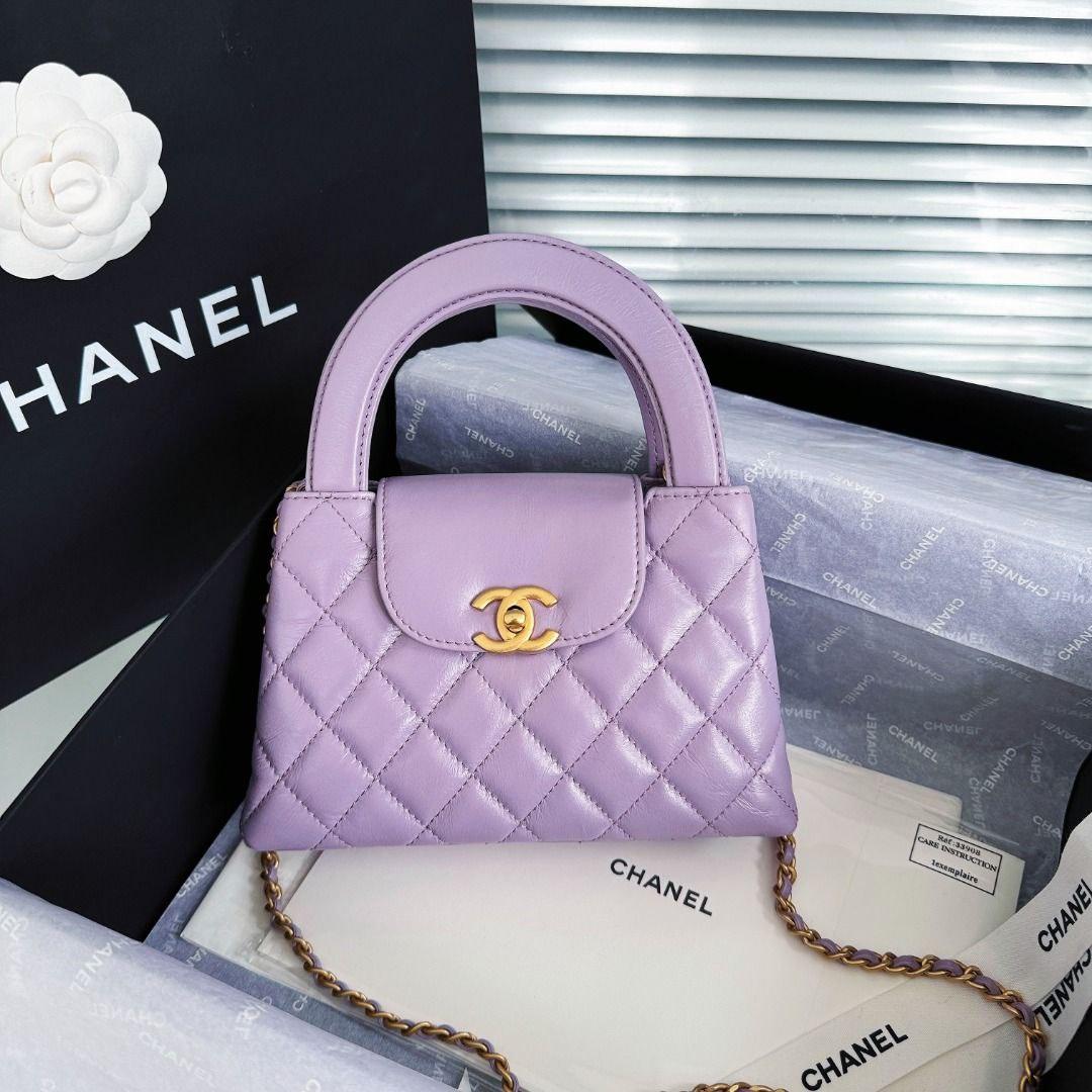 Chanel Kelly Alışveriş Çantası Parlak Eskitme Dana Derisi ve Altın Donanım Lila (Mini)