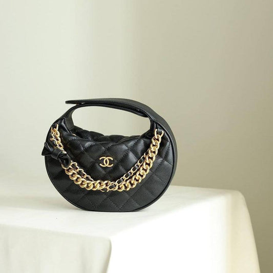 Chanel Quilted Circle Pouch Bag Black w/ Chain Gold Hardware