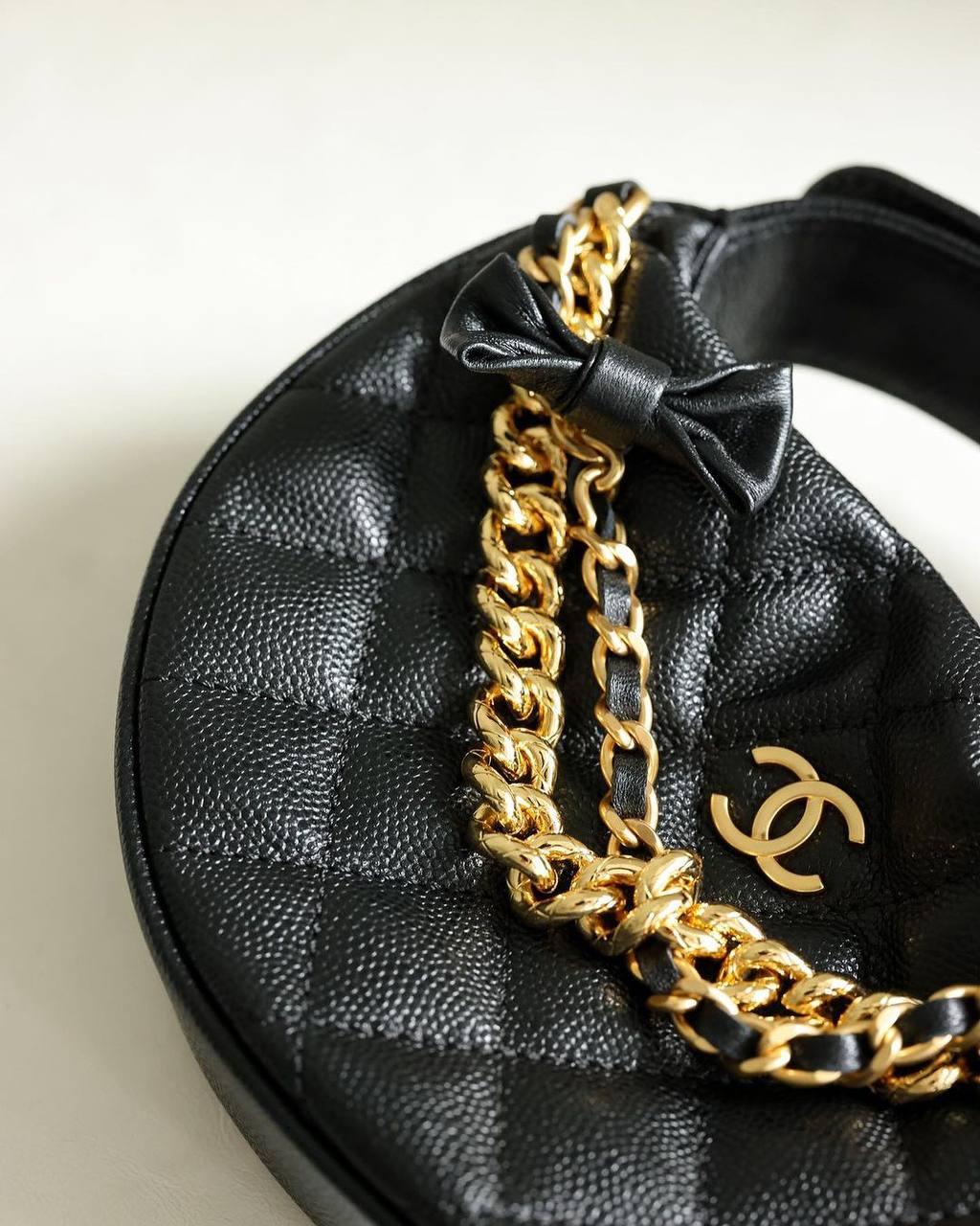 Chanel Quilted Circle Pouch Bag Black w/ Chain Gold Hardware