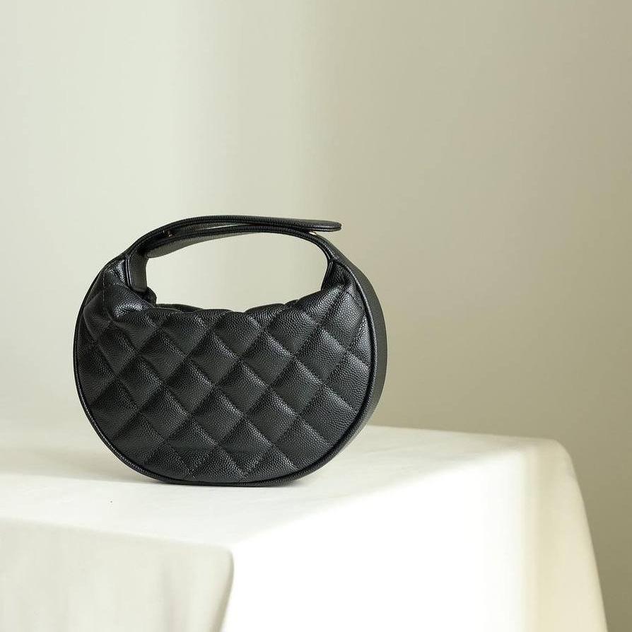 Chanel Quilted Circle Pouch Bag Black w/ Chain Gold Hardware