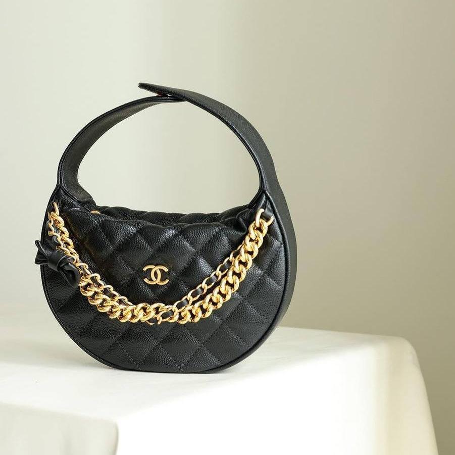 Chanel Quilted Circle Pouch Bag Black w/ Chain Gold Hardware